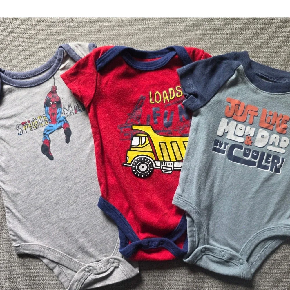 Carter's Marvel Kidgets Baby Boys Bodysuit Lot 3-6M Spiderman Truck 3 Pack